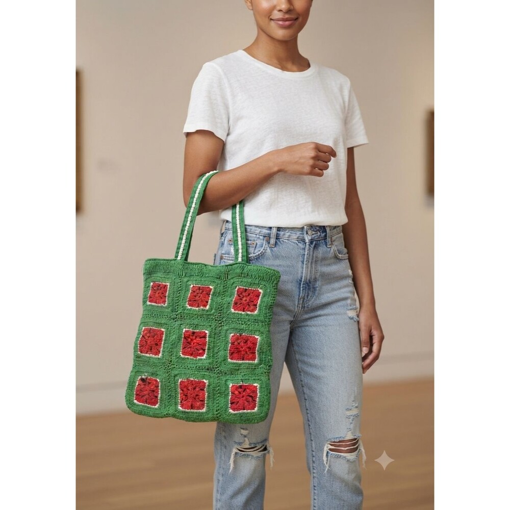 America & Beyond Crochet Tote Bag Green Red Granny Square Boho Handmade Purse